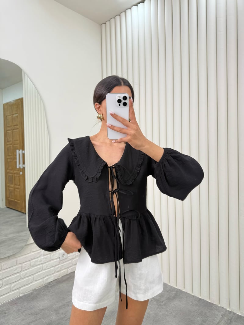 Siyah Bebe Yaka Önü Bağlamalı Bluz Gaus00334