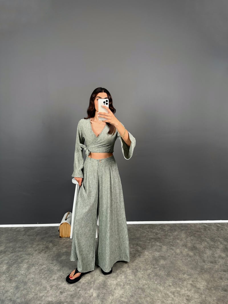 Libens Mint Yeşil Crop Bol Paça Pantolon Takım