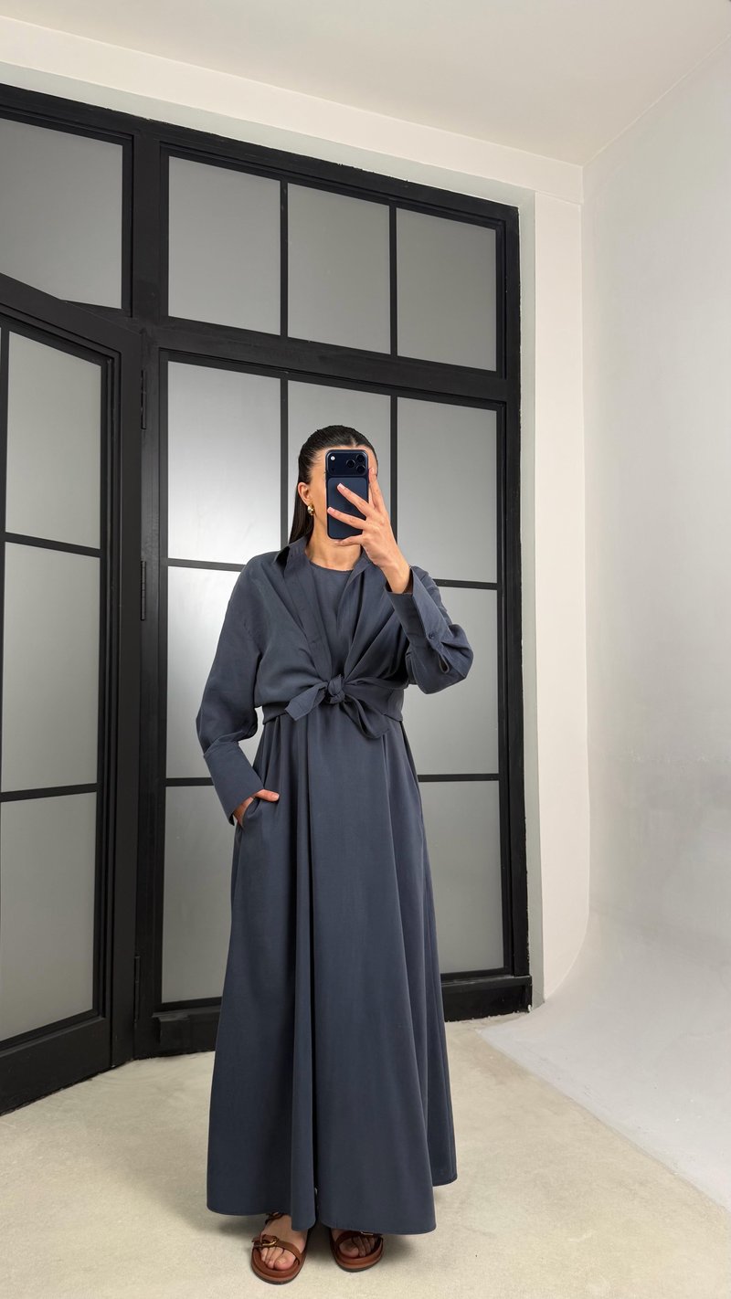 Lacivert Gömlek Elbise Oversize İkili Tencel Takım GAUS-01423