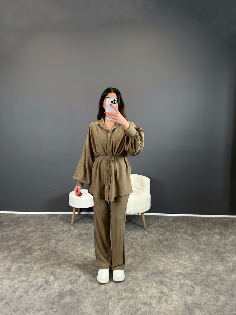 Heidy Soft Yeşil Gofre Kumaş Kemerli İkili Takım