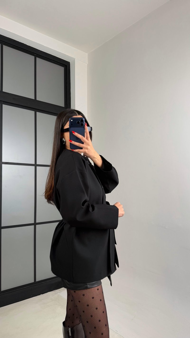 Siyah Astarlı Kemerli Muadil Ceket GAUS-00990