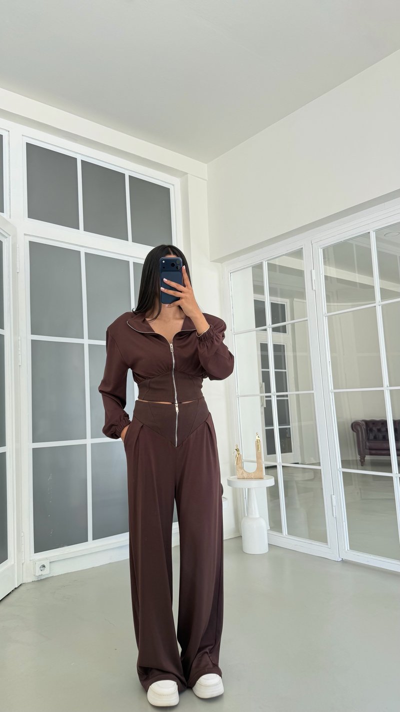 Kahve Vatkalı Hırka Fermuar Detaylı Pantolon İkili Takım GAUS-02098