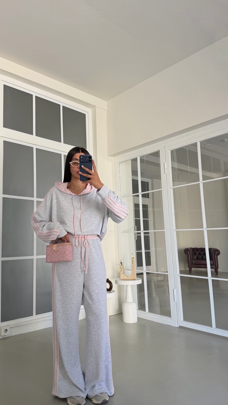 Pembe Kapüşonlu Sweatshirt Beli Lastikli Eşofman Şerit Detaylı Takım GAUS-01995