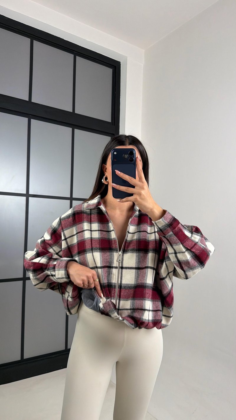 Bordo Ekoseli Astarlı Bomber Ceket GAUS-00810