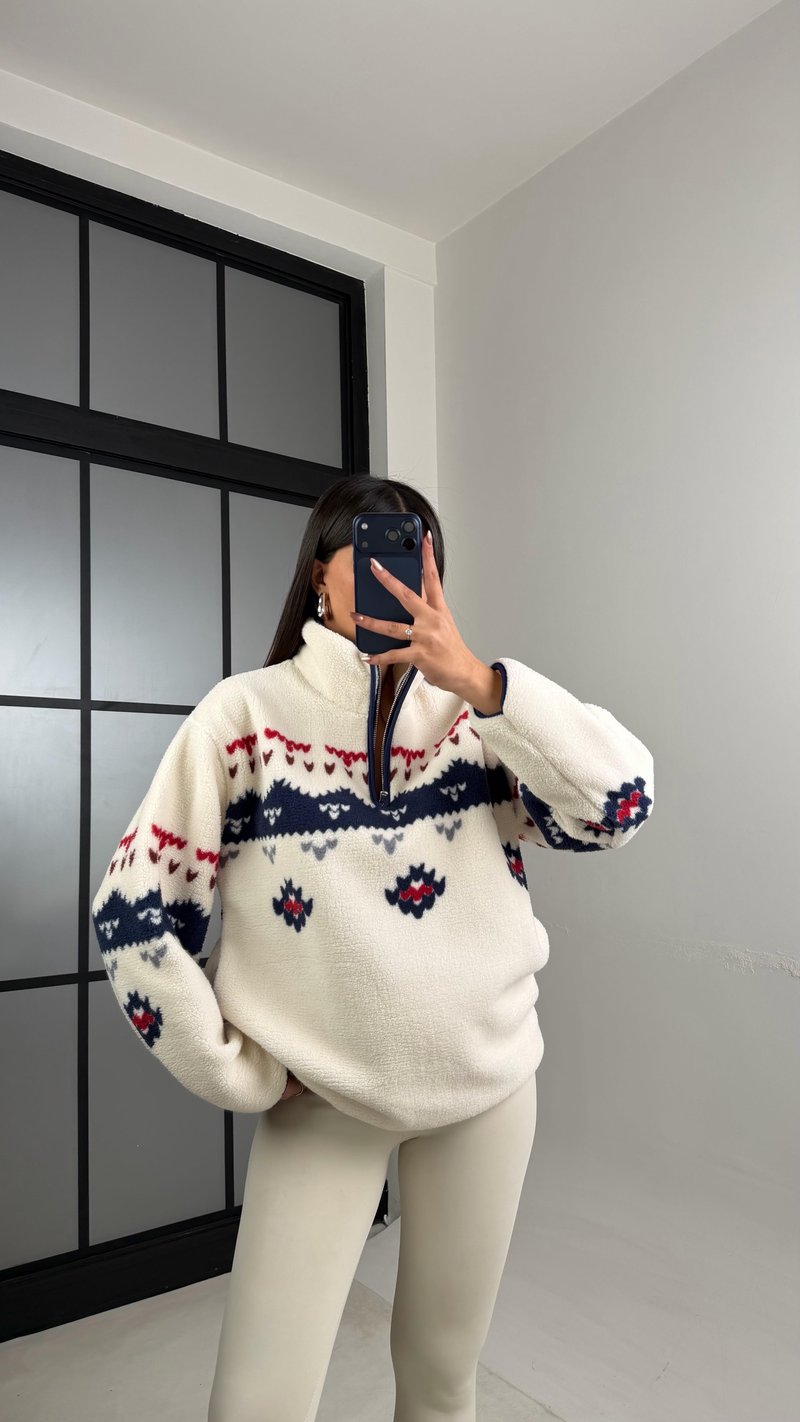 Lacivert Fermuarlı Desenli Polar Sweatshirt GAUS-00723 GAUS-01101
