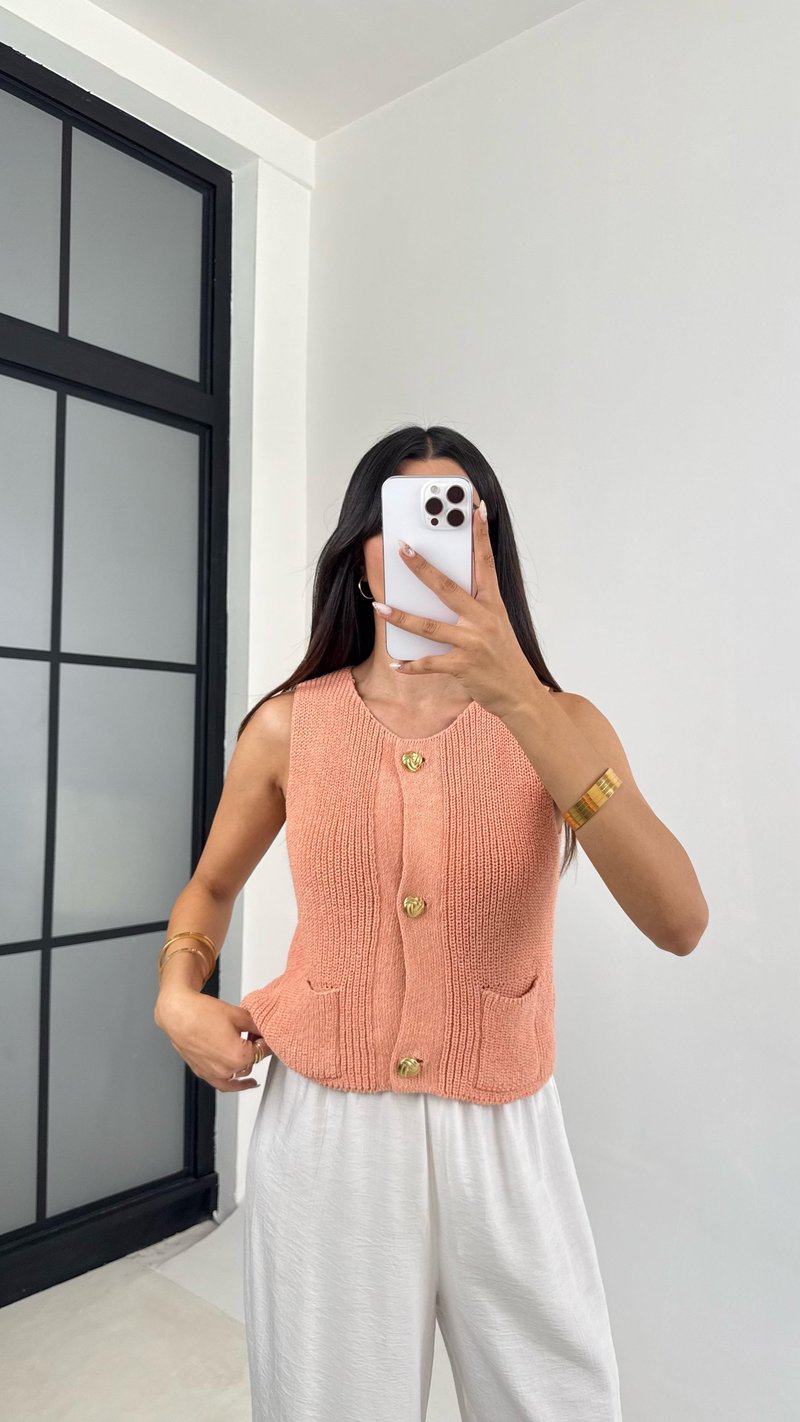 Pembe Cep Detaylı Gold Düğmeli Triko Yelek GAUS-0058