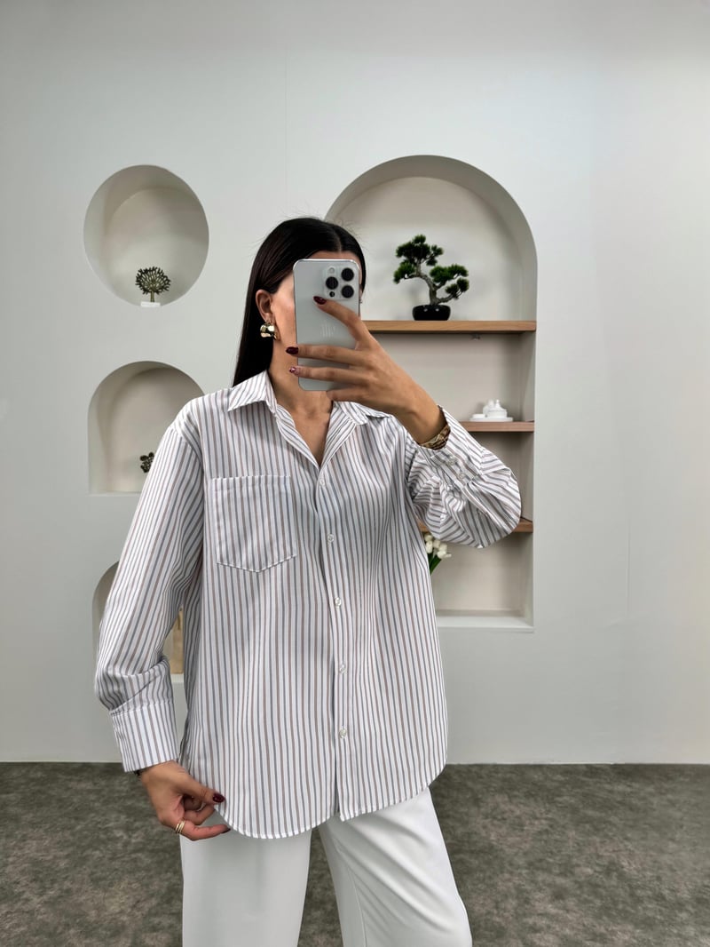 Lita Kahve Çizgili Oversize Gömlek