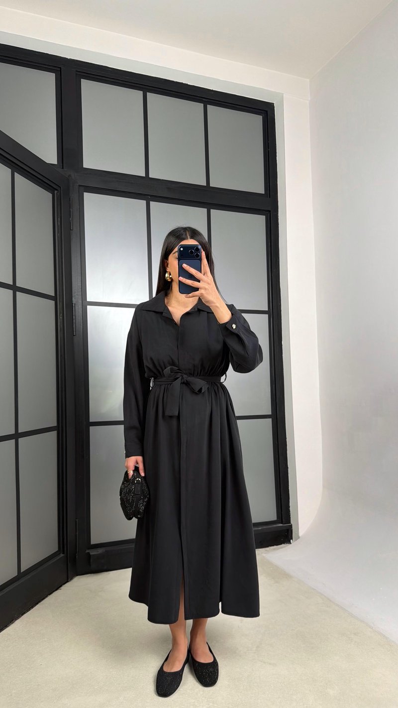 Siyah Beli Lastikli Kuşaklı Tencel Elbise GAUS-01286