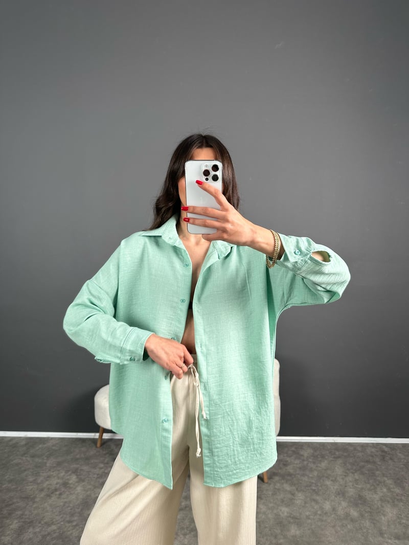 Daria Yeşil Keten Oversize Gömlek