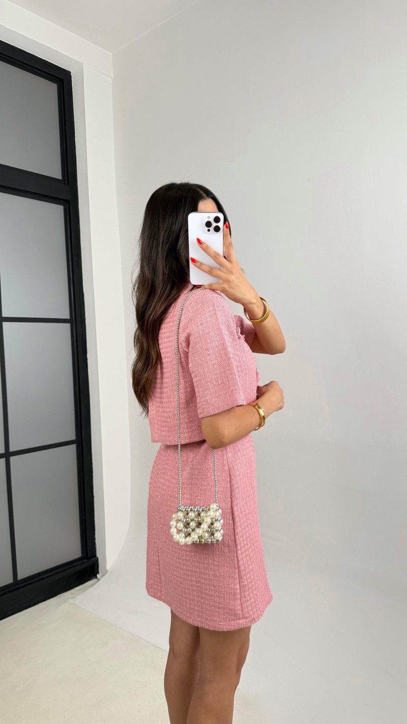 Pembe Düğme Detaylı Ceket Elbise İkili Tüvit Takım GAUS-0048