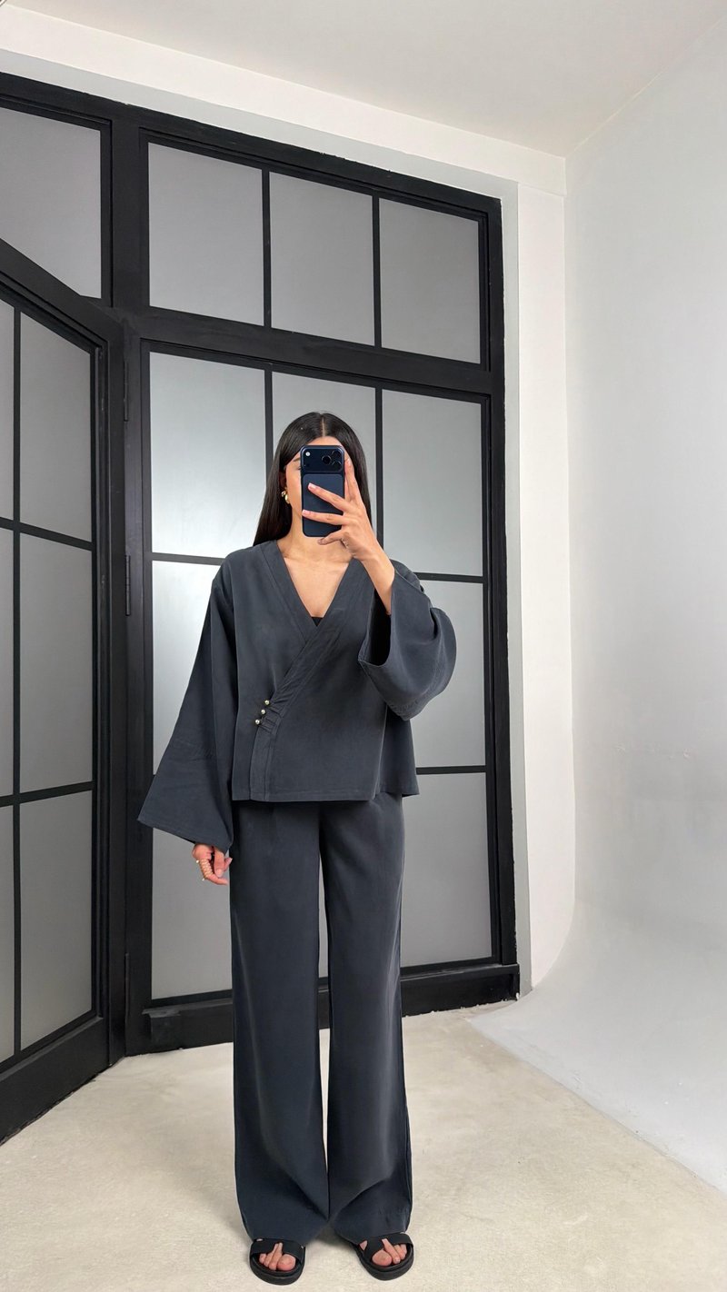 Füme Zımba Detaylı Kimono Pantolon MD Muadil Tencel Takım GAUS-01451