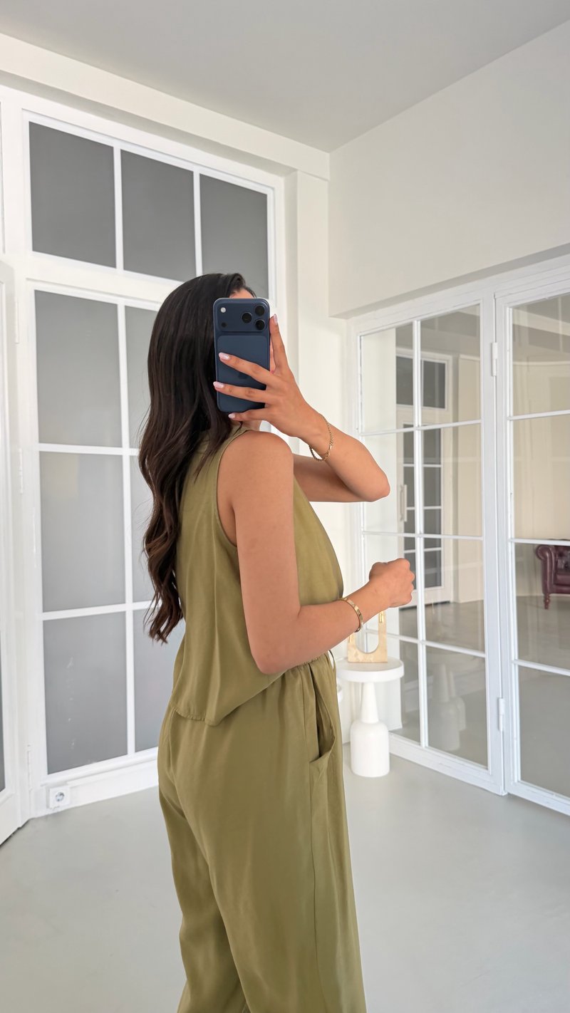 Yeşil Bluz Beli Lastikli Pantolon İkili Tencel Takım GAUS-01769
