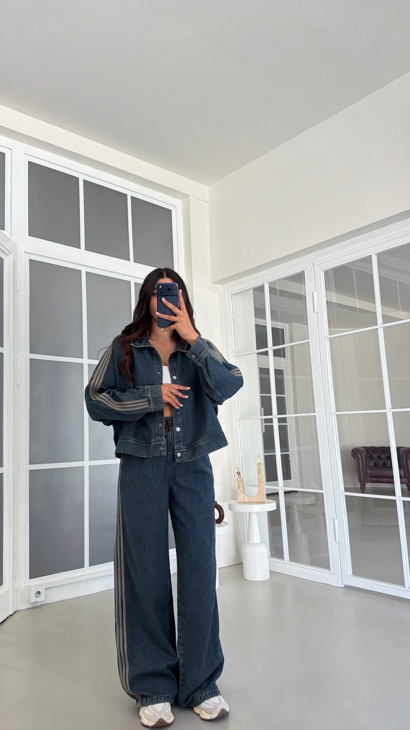 Gri Şerit Detaylı Ceket Beli Lastikli Pantolon İkili Denim Takım GAUS-02094