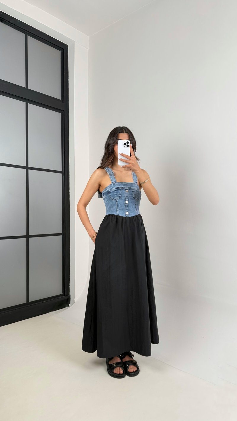 Siyah Ayarlanabilir Askılı Denim Üst Bloklu Elbise Gaus00424