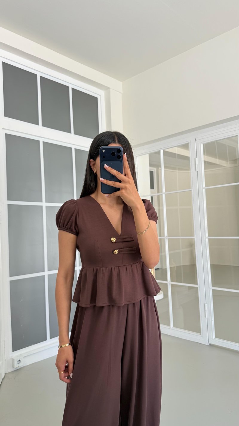Kahve Gold Düğme Detaylı Peplum Bluz Beli Lastikli Şalvar Pantolon İkili Modal Takım GAUS-01673