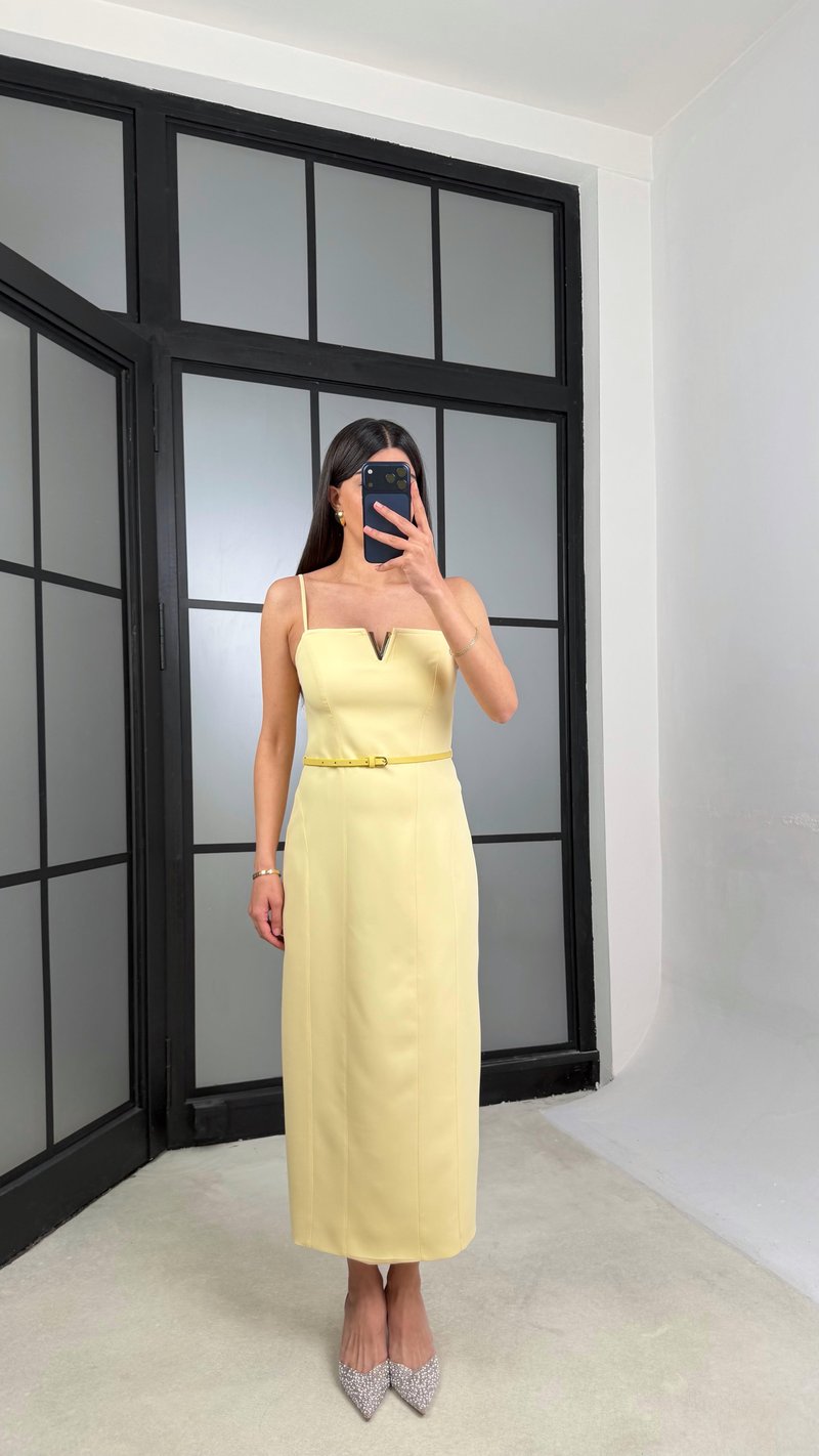 Sarı Gold Toka Detaylı Kemerli Ayarlanabilir Askılı Elbise GAUS-01403
