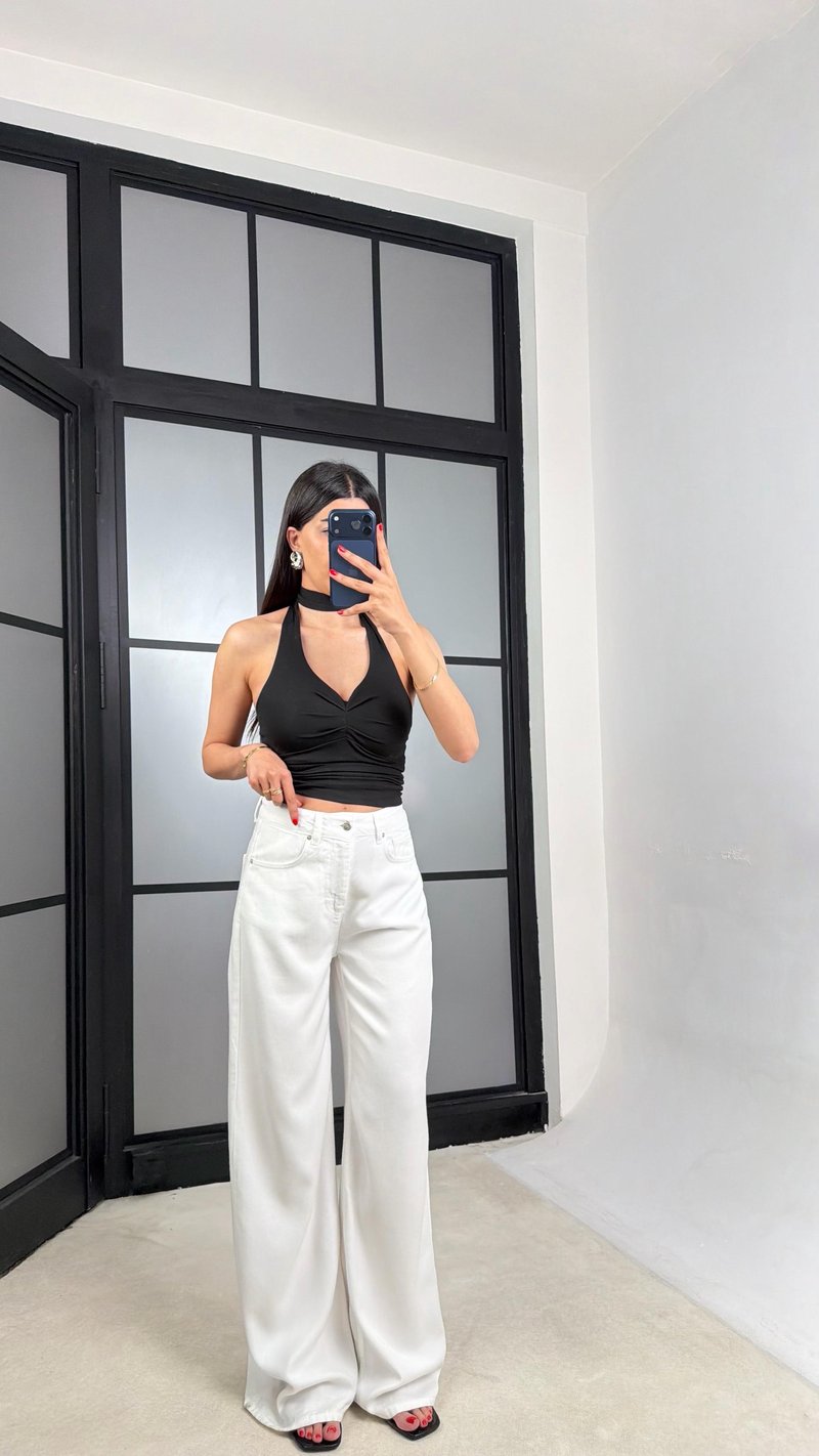 Beyaz Geniş Paça Denim Tencel Pantolon GAUS-01570