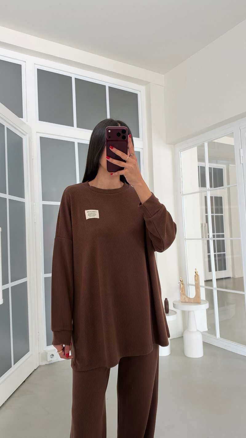Kahve Kazak Beli Lastikli Pantolon İkili  Fitilli Triko Kumaş Takım GAUS-02300