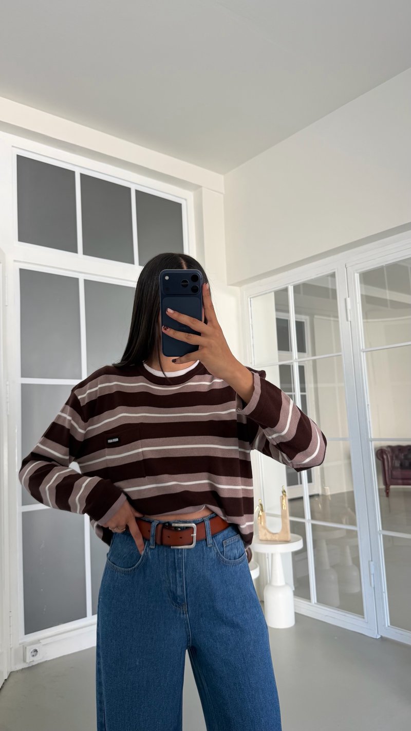 Acı Kahve Şeritli Cep Detaylı Premium Bluz GAUS-01958