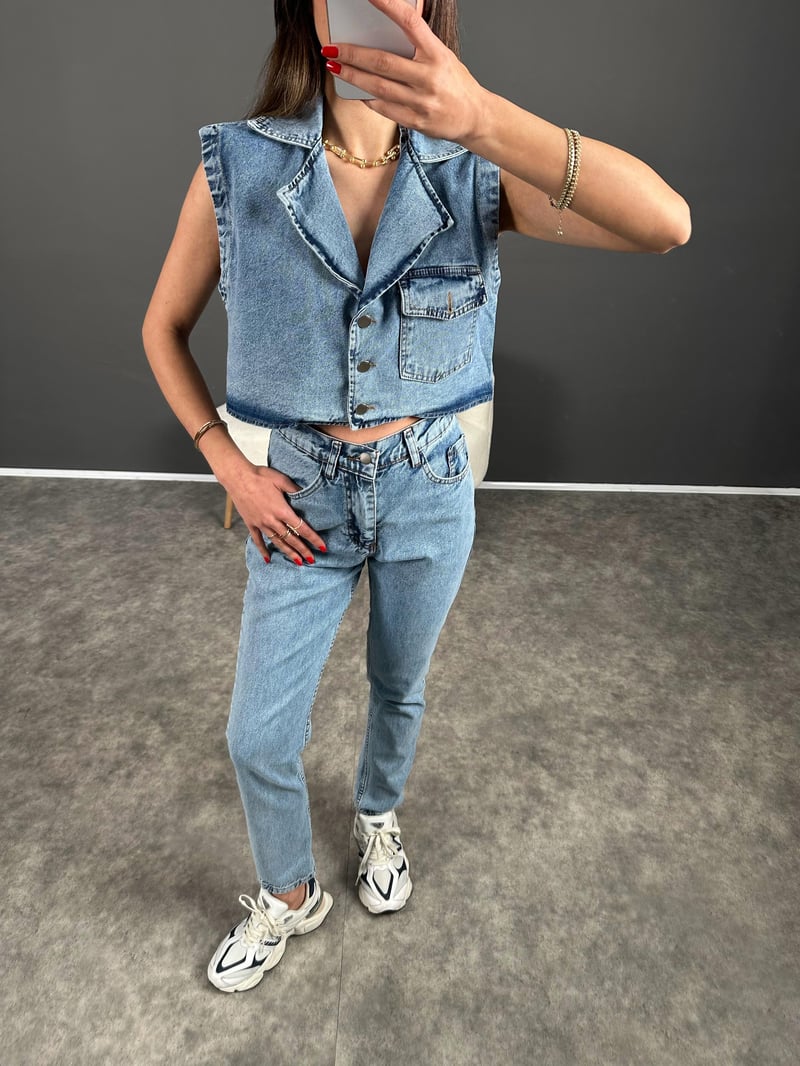 Amio Mavi Yelekli Denim Takım 