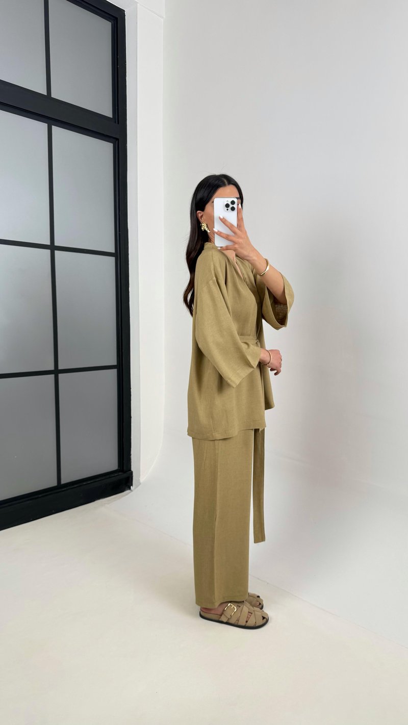 Haki Kuşaklı Kimono Beli Lastikli Cepli Pantolon Keten Takım Gaus00397