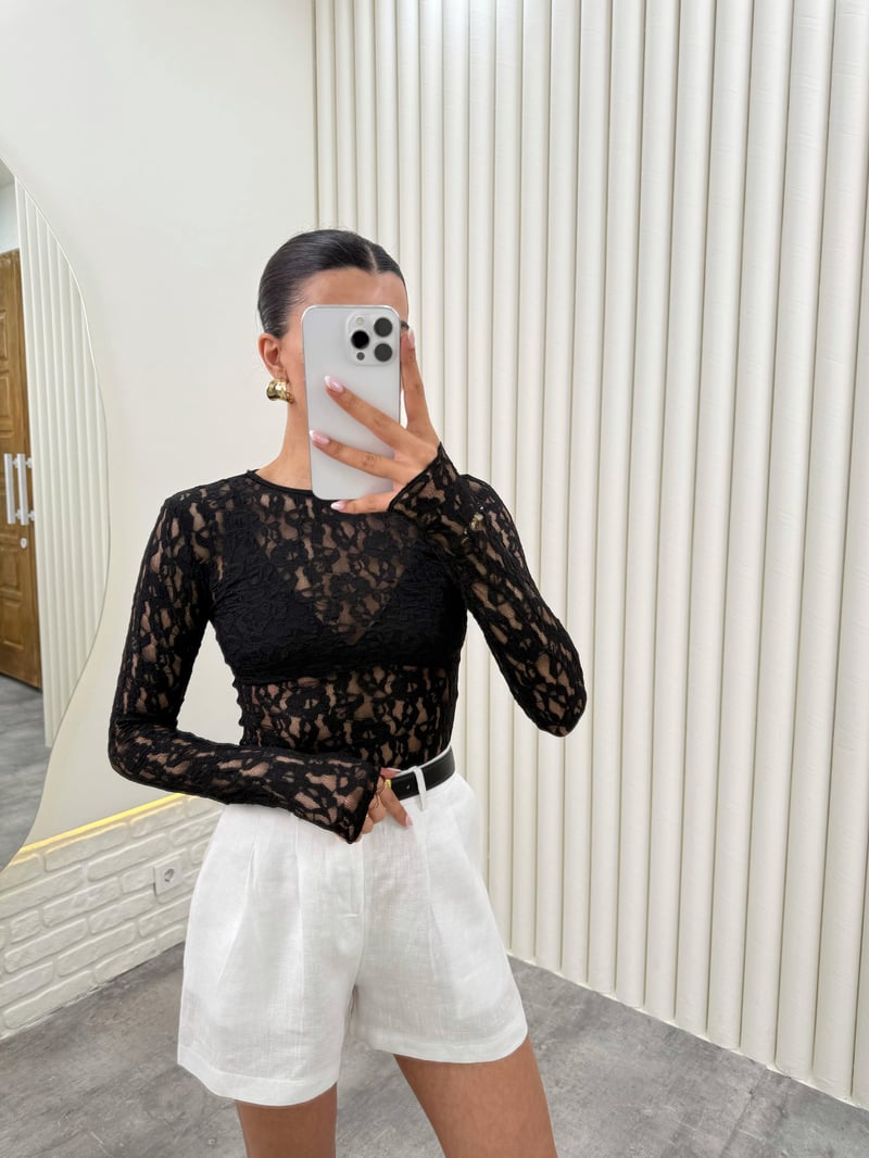 Siyah Uzun Kol Dantelli Transparan Bluz Gaus00288