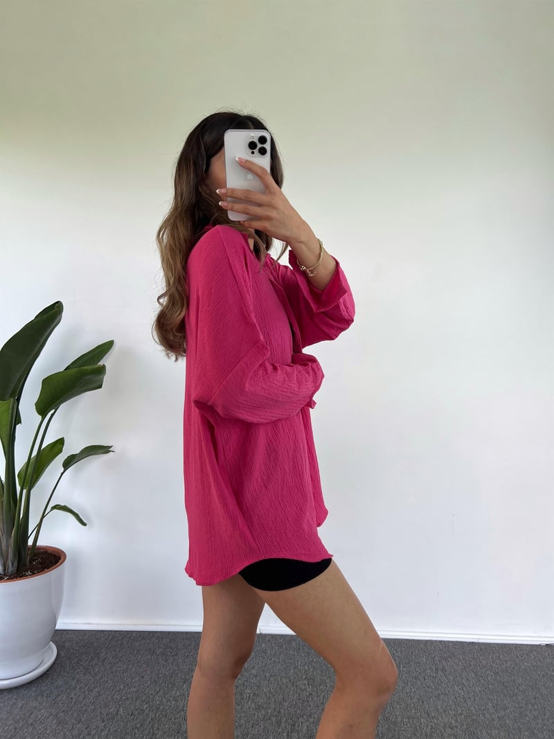 Fuşya Oversize Krinkıl Gömlek
