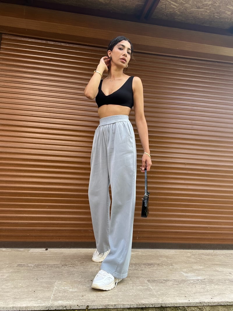 Gabardin Kumaş Mavi Örme Kemerli Pantolon