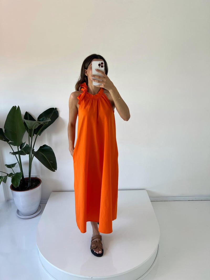 Gipsy Turuncu Poplin Kemer Detaylı Midi Elbise