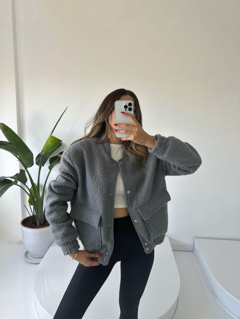 Gri Buklet Teddy Bomber Ceket