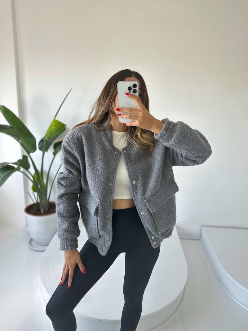 Gri Buklet Teddy Bomber Ceket