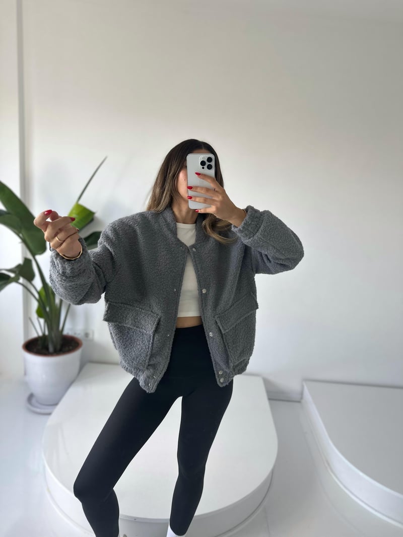 Gri Buklet Teddy Bomber Ceket