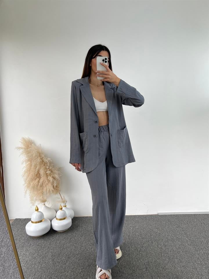 Gri Gofre Blazer İkili Takım 
