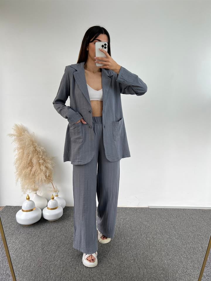 Gri Gofre Blazer İkili Takım 