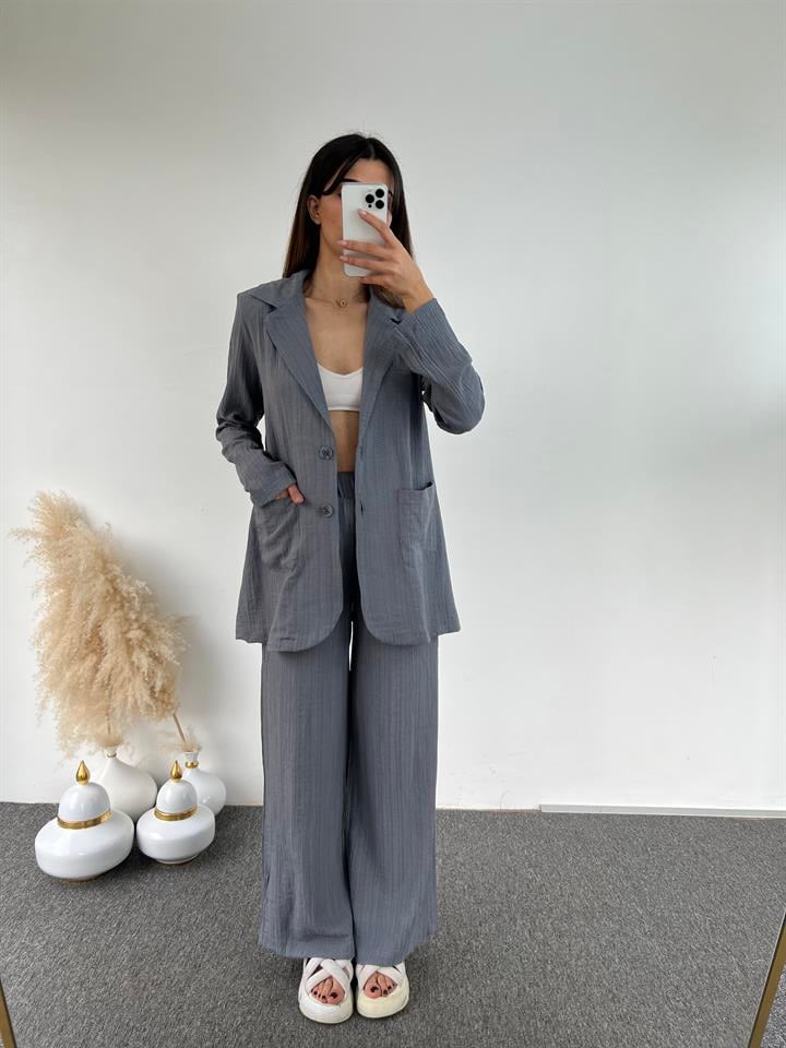 Gri Gofre Blazer İkili Takım 