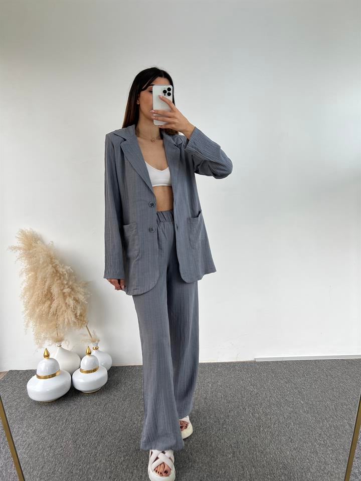 Gri Gofre Blazer İkili Takım 