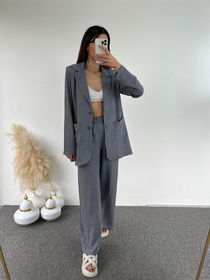 Gri Gofre Blazer İkili Takım 