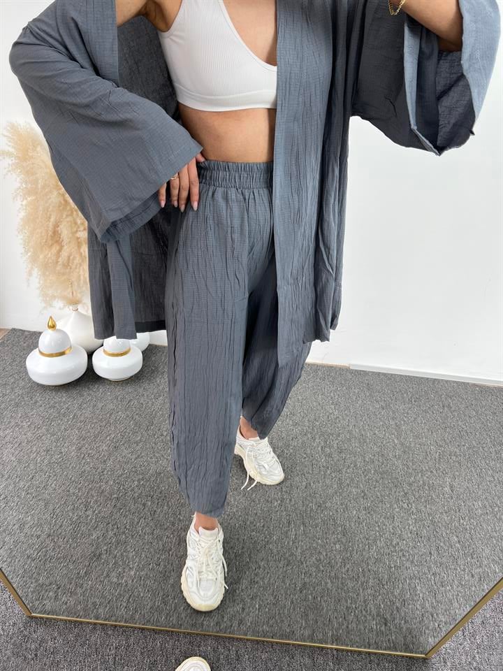 Gri Gofre Kimono Takım 