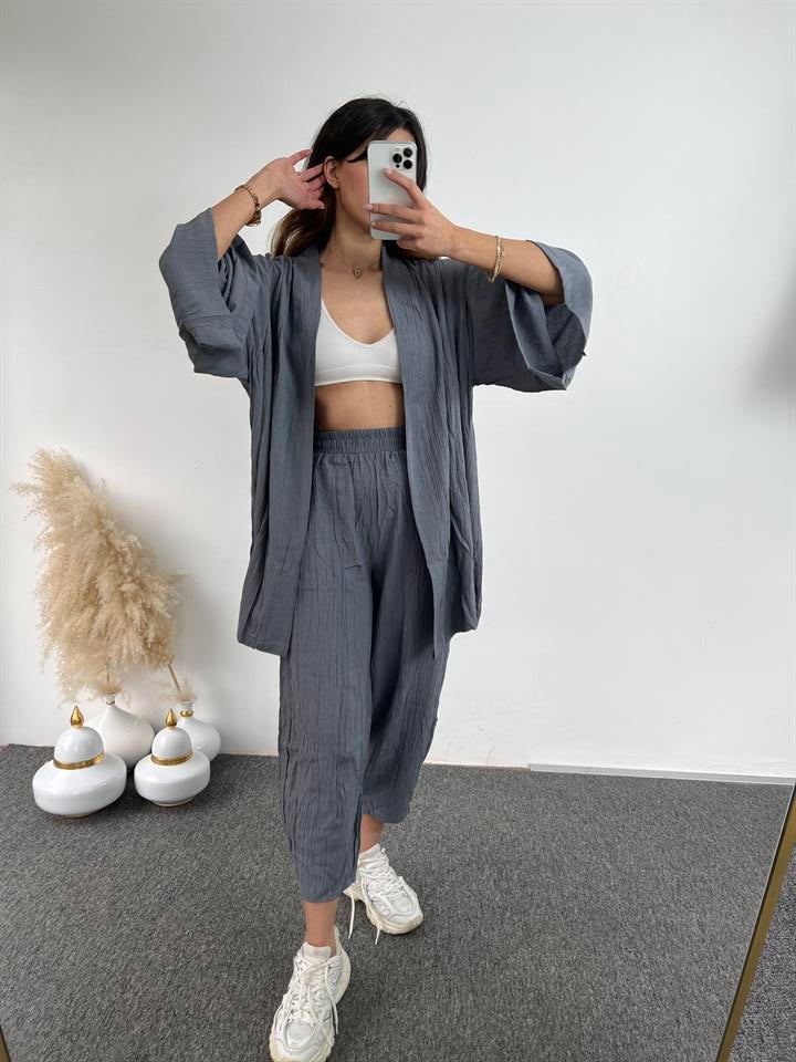 Gri Gofre Kimono Takım 