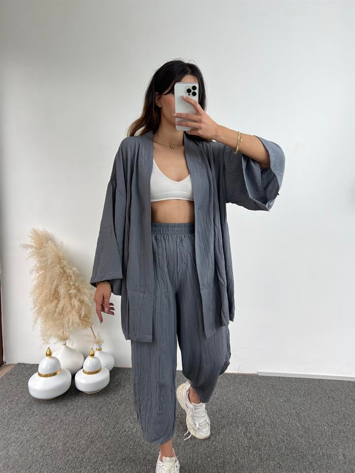 Gri Gofre Kimono Takım 