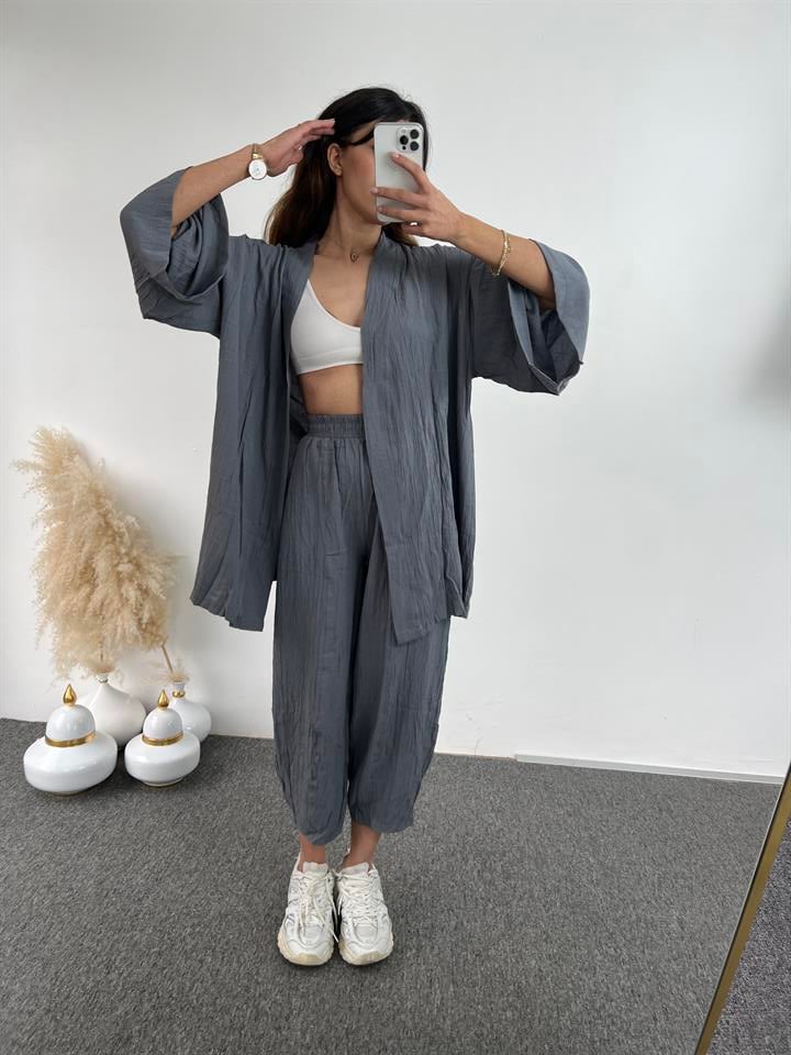 Gri Gofre Kimono Takım 
