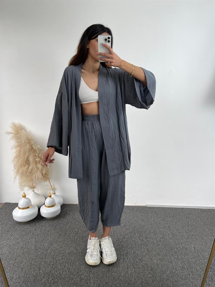 Gri Gofre Kimono Takım 