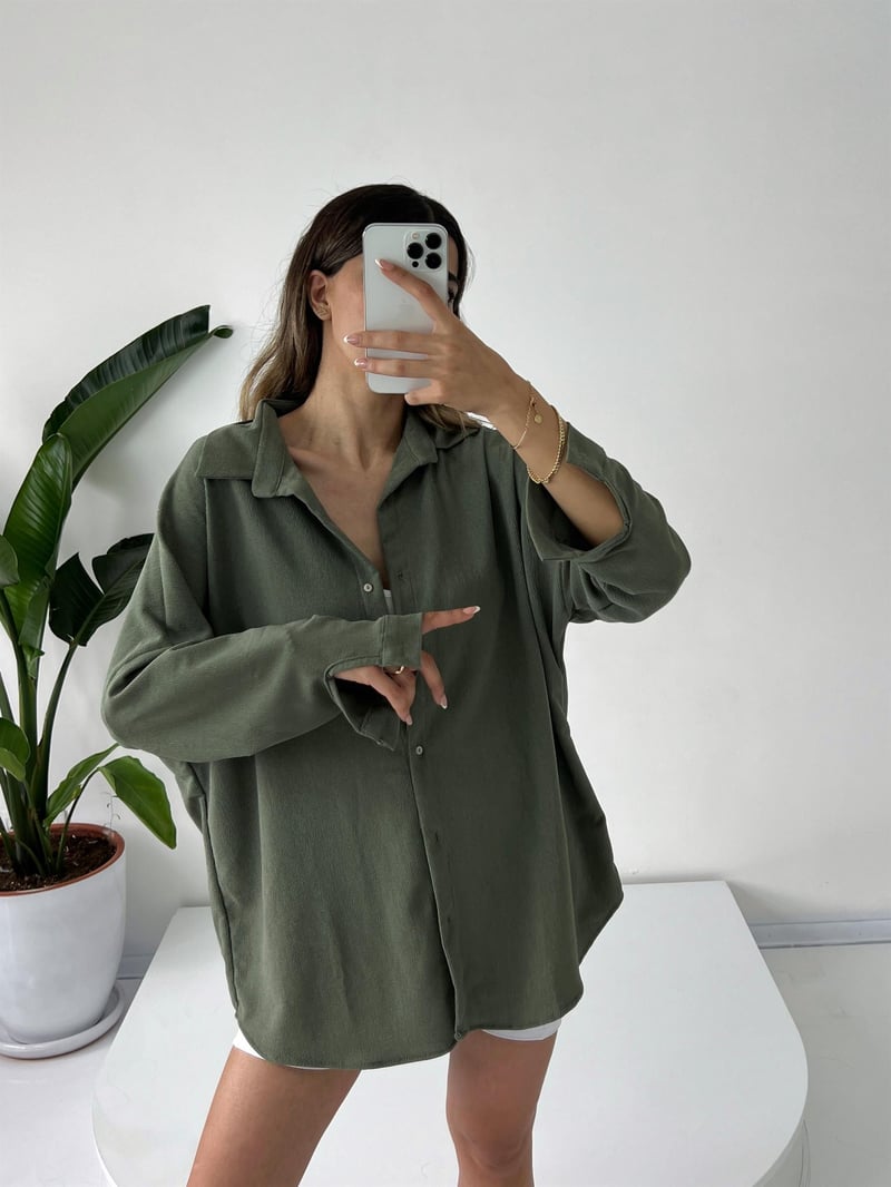 Haki Oversize Krinkıl Gömlek
