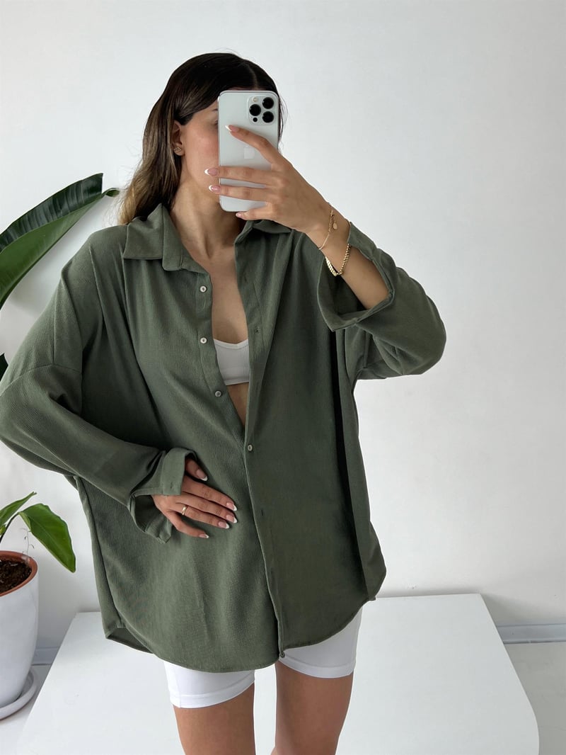 Haki Oversize Krinkıl Gömlek