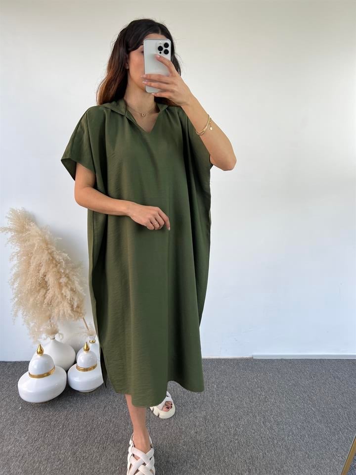 Haki Yeşil Kapüşonlu Oversize Elbise 