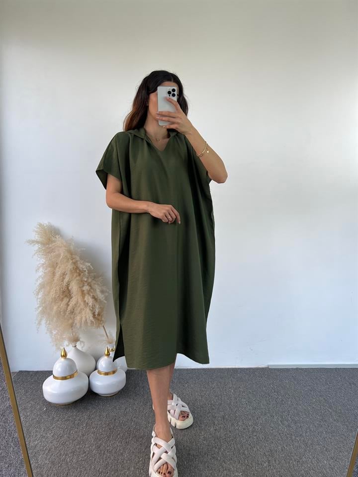 Haki Yeşil Kapüşonlu Oversize Elbise 
