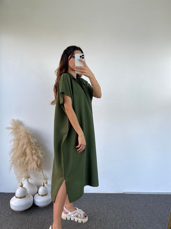 Haki Yeşil Kapüşonlu Oversize Elbise 