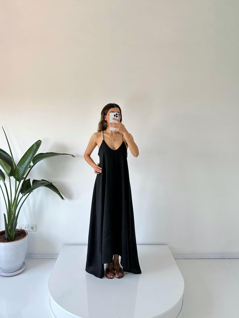 Hermosa Siyah Örgü Askılı Elbise 