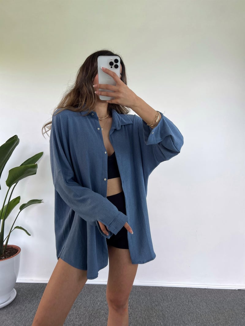 İndigo Mavi Oversize Krinkıl Gömlek 