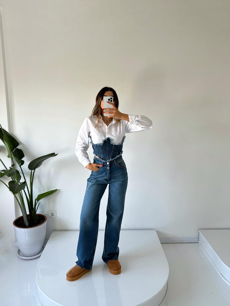 Isabell Çift Düğmeli Dark Blue Palazzo Wide Leg Jean 